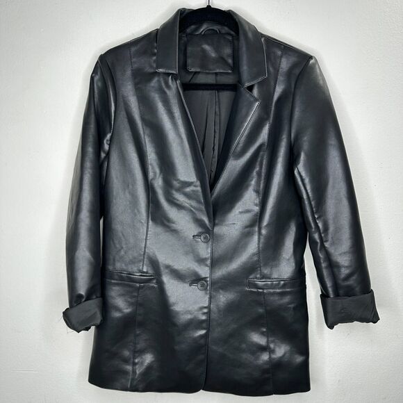 Black Leatherette 2-Button Narrow Lapel Welt Pockets Button Sleeve Blazer Medium - Picture 1 of 11